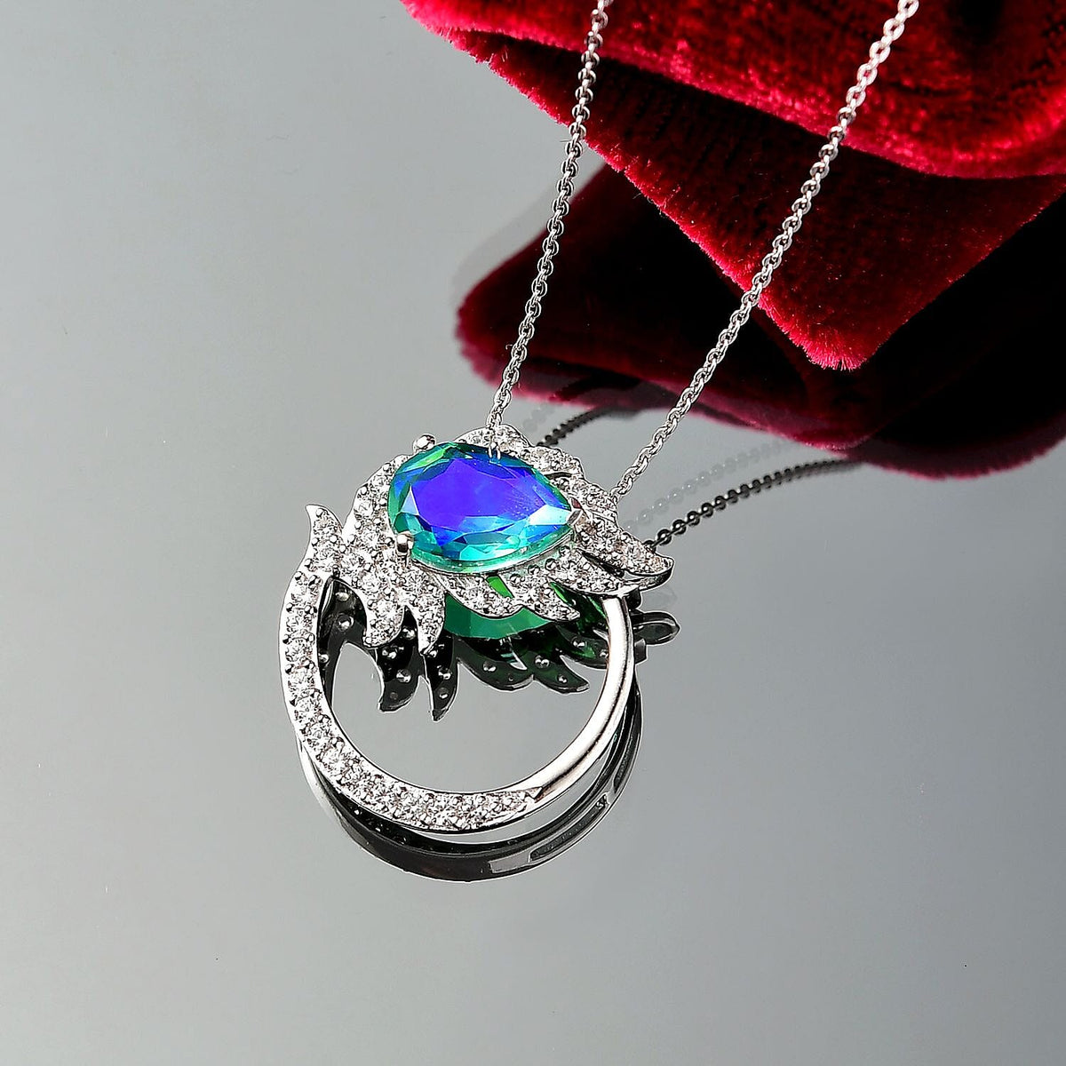 Peacock Triplet Quartz &amp; White Zircon Pendant with Chain (Size 20) in Rhodium Overlay Sterling Silver 4.56 Ct. 4397710 3