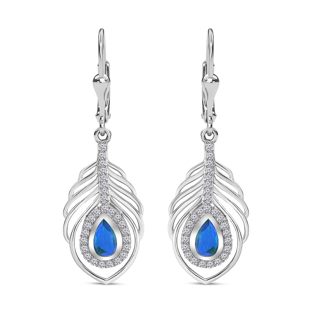 Peacock Triplet Quartz, White Zircon Solitaire Lever Back Earring in Rhodium Overlay Sterling Silver 1.60 ct.