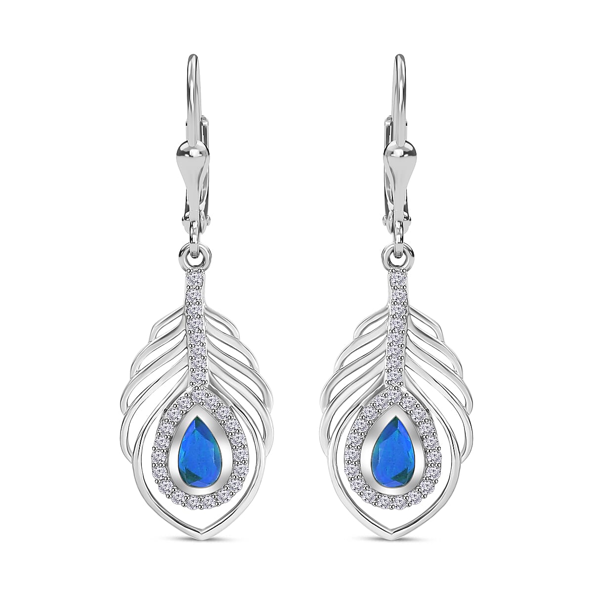 Peacock Triplet Quartz, White Zircon Feather Halo Earrings in Rhodium Overlay Sterling Silver 1.60 ct. 7864552 0