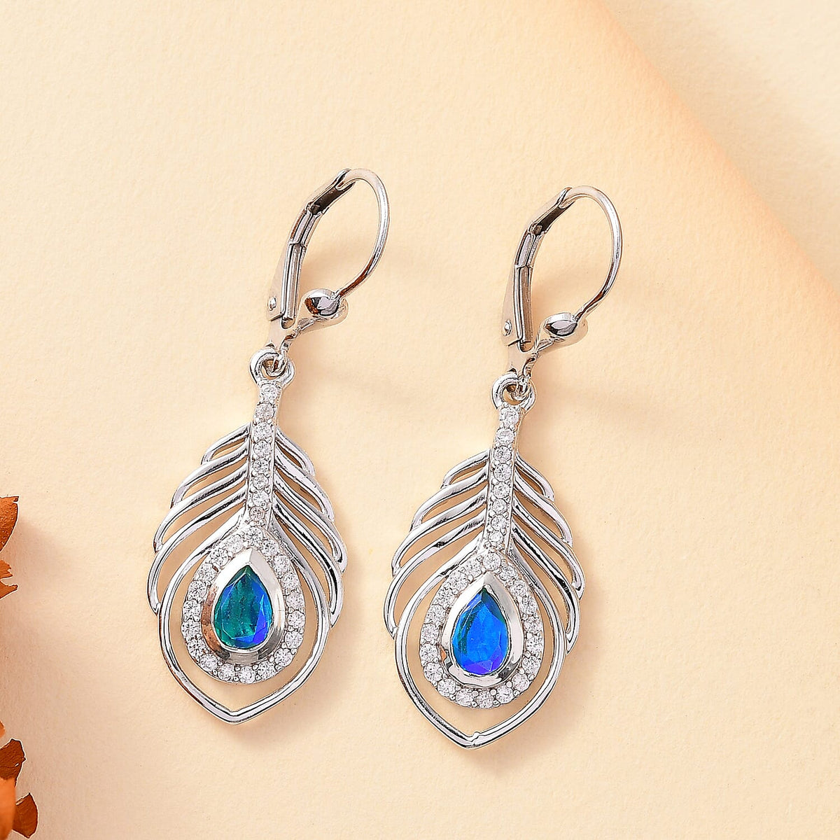 Peacock Triplet Quartz, White Zircon Feather Halo Earrings in Rhodium Overlay Sterling Silver 1.60 ct. 7864552 2