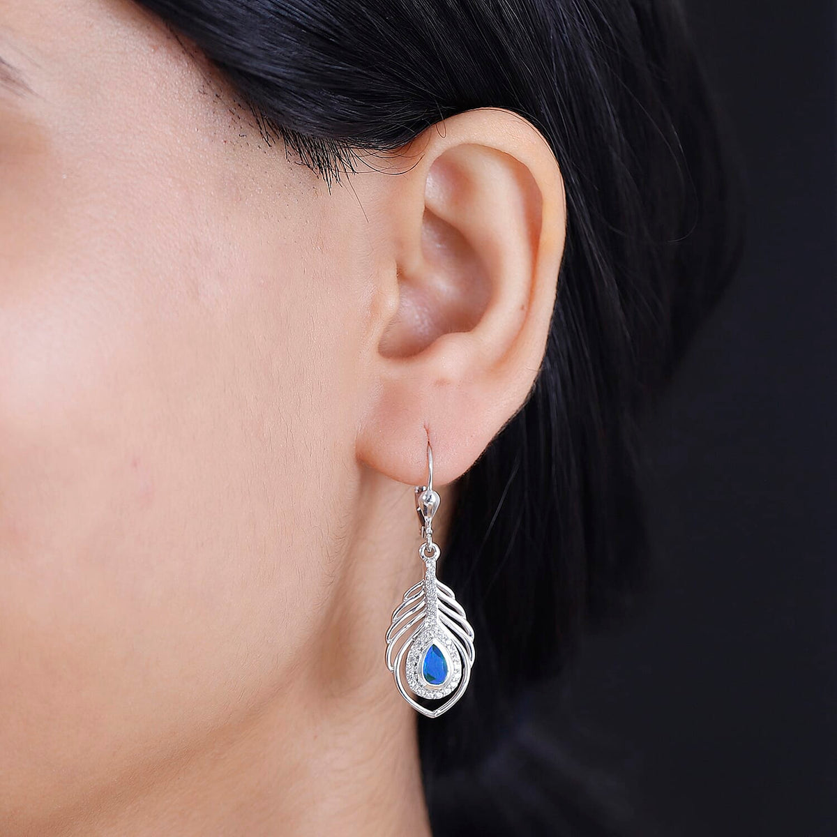 Peacock Triplet Quartz, White Zircon Feather Halo Earrings in Rhodium Overlay Sterling Silver 1.60 ct. 7864552 3
