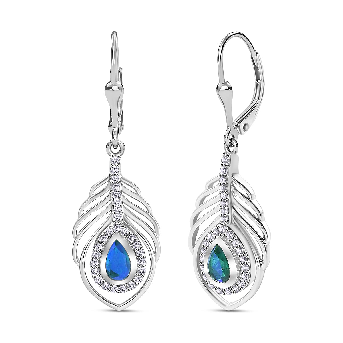 Peacock Triplet Quartz, White Zircon Feather Halo Earrings in Rhodium Overlay Sterling Silver 1.60 ct. 7864552 4