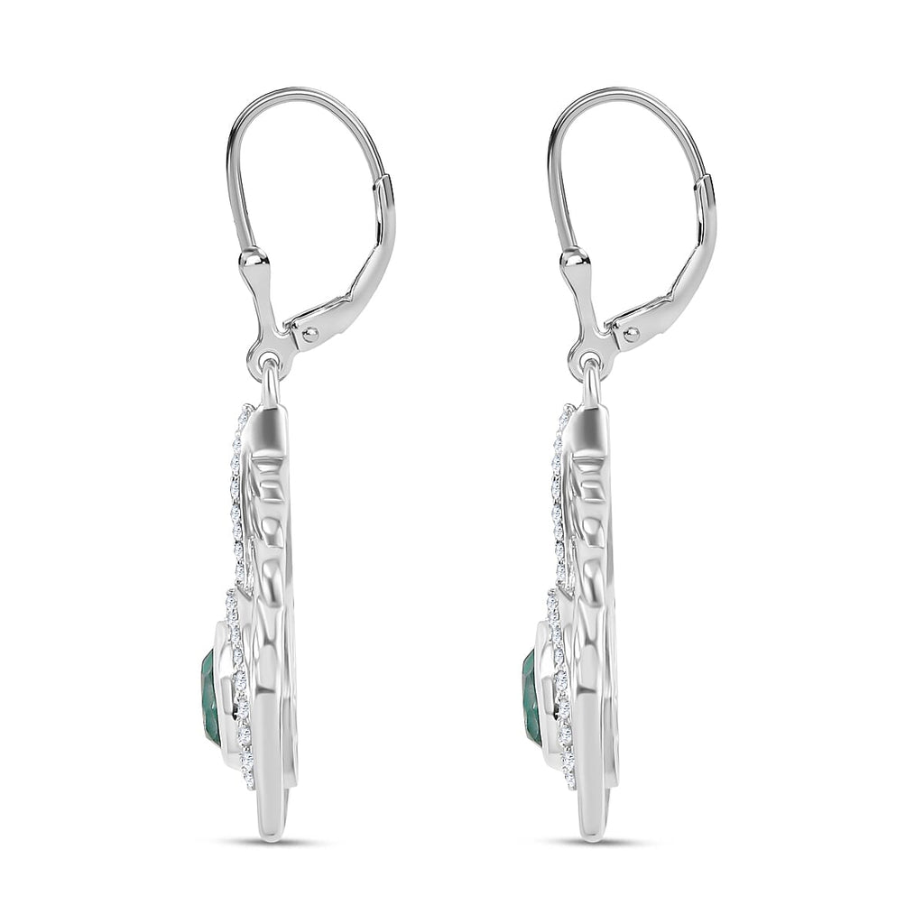 Peacock Triplet Quartz, White Zircon Solitaire Lever Back Earring in Rhodium Overlay Sterling Silver 1.60 ct.