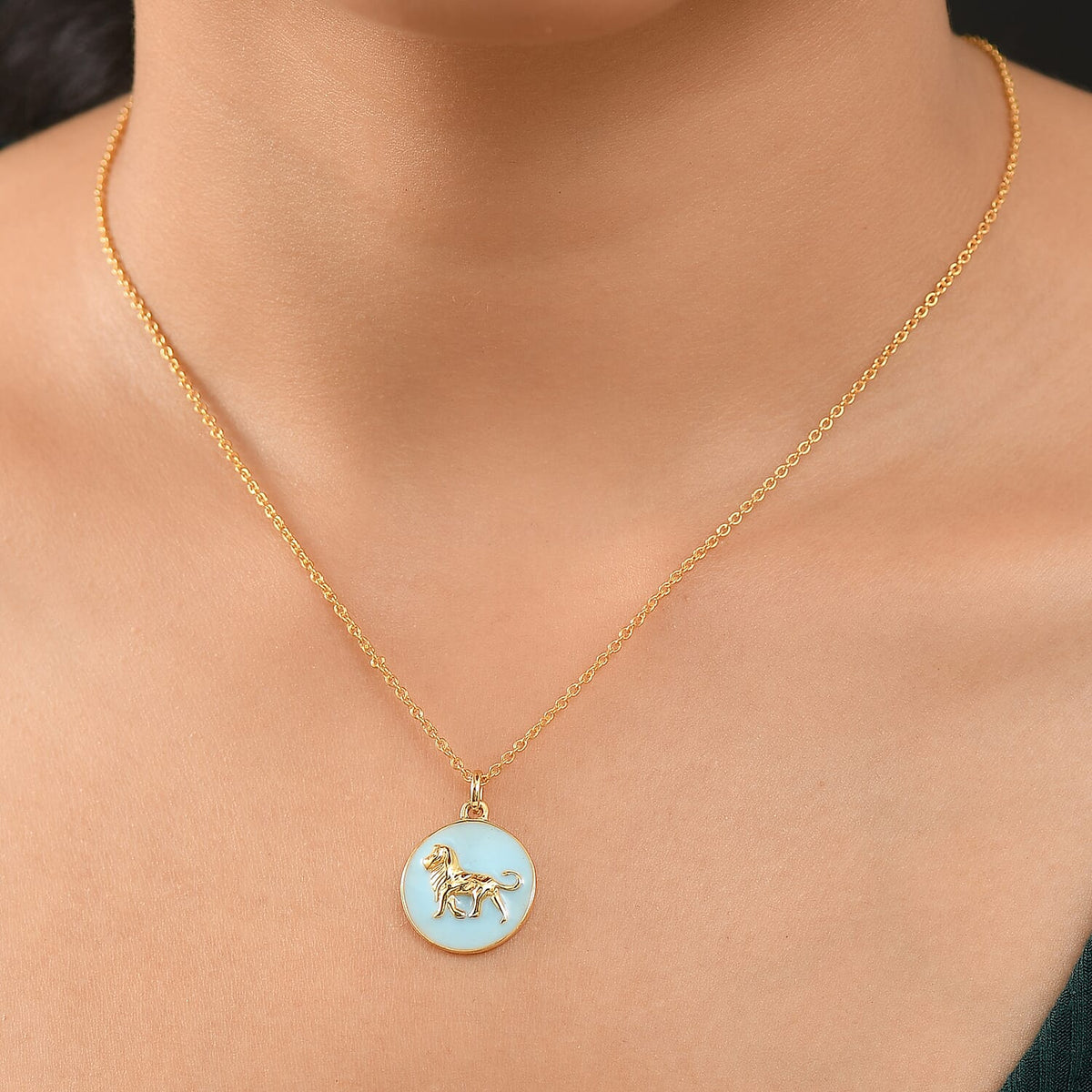 Turquoise Enamelled Lion Pendant with Chain (Size 20) in Yellow Gold Plated Sterling Silver 4388185 3
