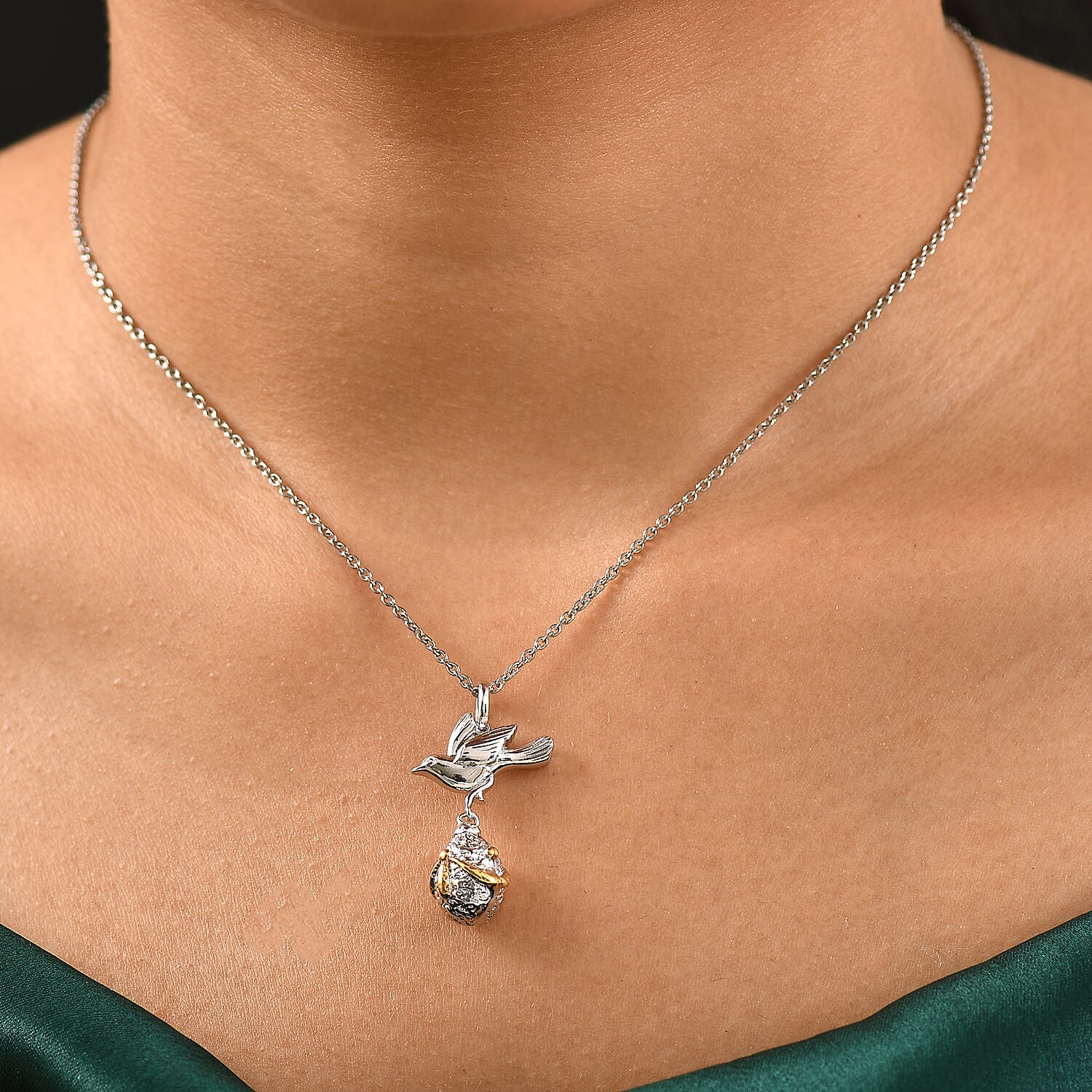 Designer Close Out - Eagle &amp; Egg Pendant with Chain (Size 20) in Yellow Gold &amp; Rhodium Overlay Sterling Silver 4370065 3