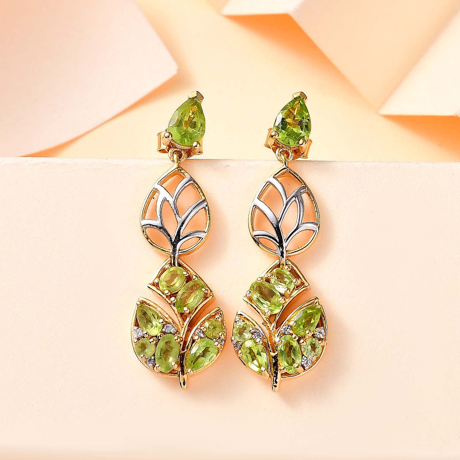 GP Italian Garden Collection - Natural Hebei Peridot, White Zircon Dangling Earrings in 18K Vermeil Yellow Gold and Platinum Plated Sterling Silver 7815499 2