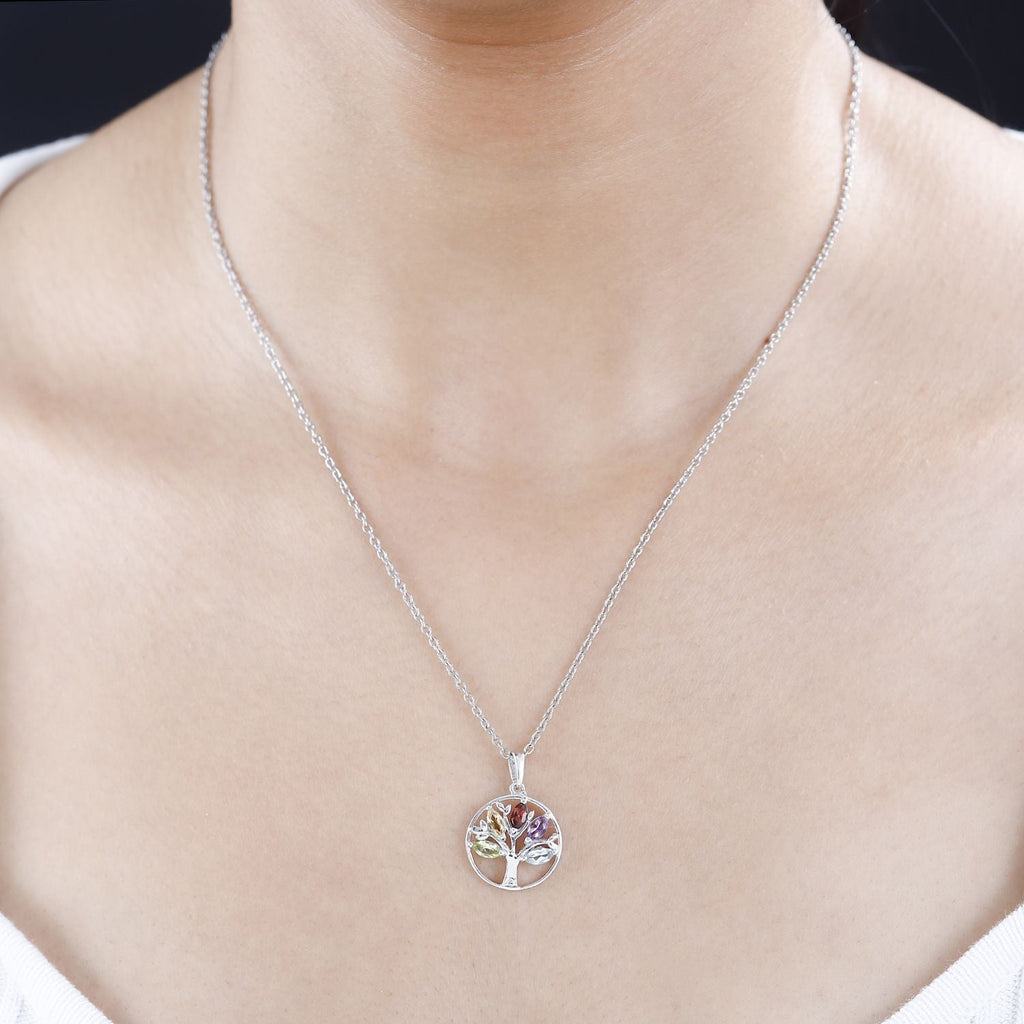 Multi Gemstone Tree of Life Platinum Overlay Sterling Silver Pendant with Stainless Steel Chain (Size 20)