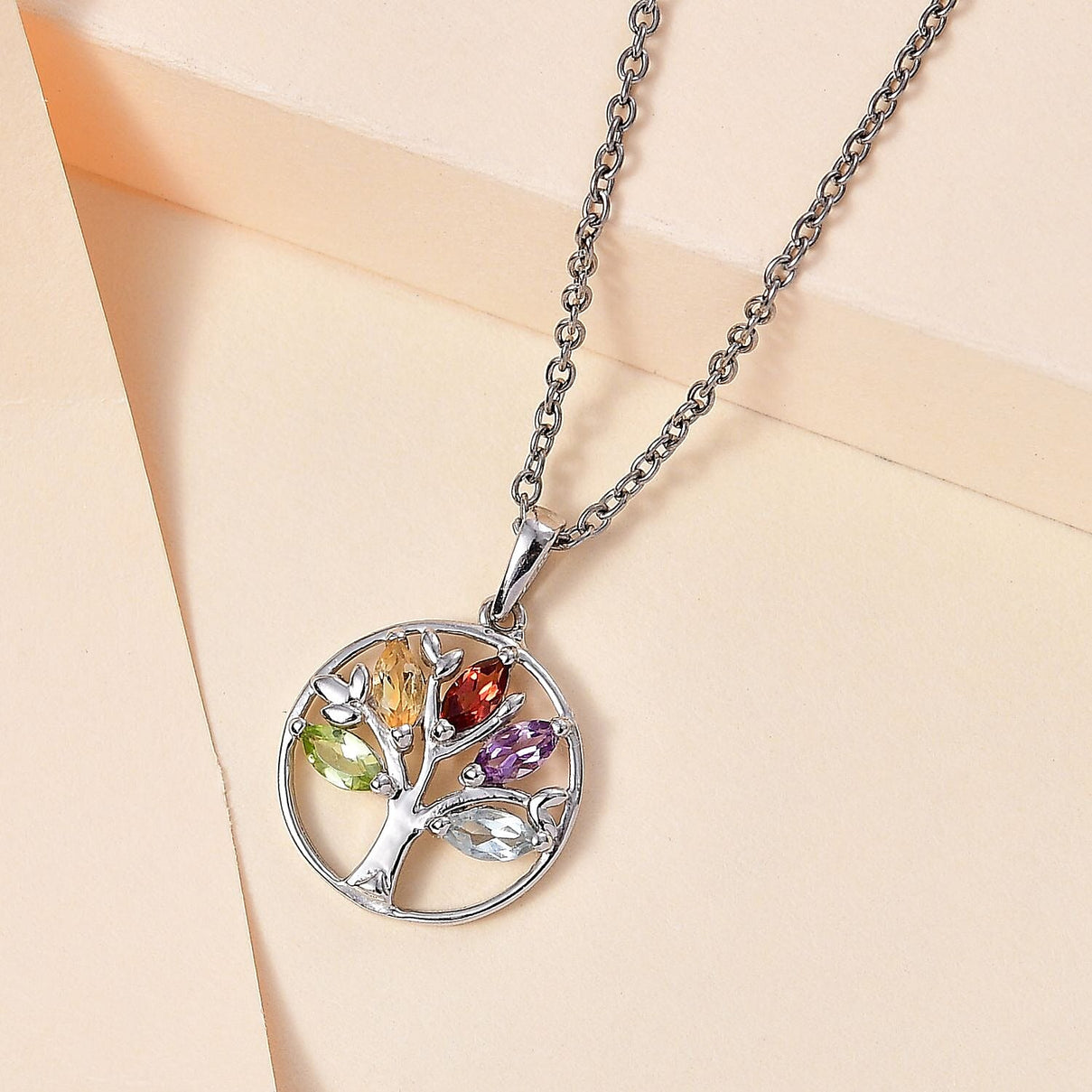 Multi Gemstone Tree of Life Platinum Overlay Sterling Silver Pendant with Stainless Steel Chain (Size 20) 4268247 3