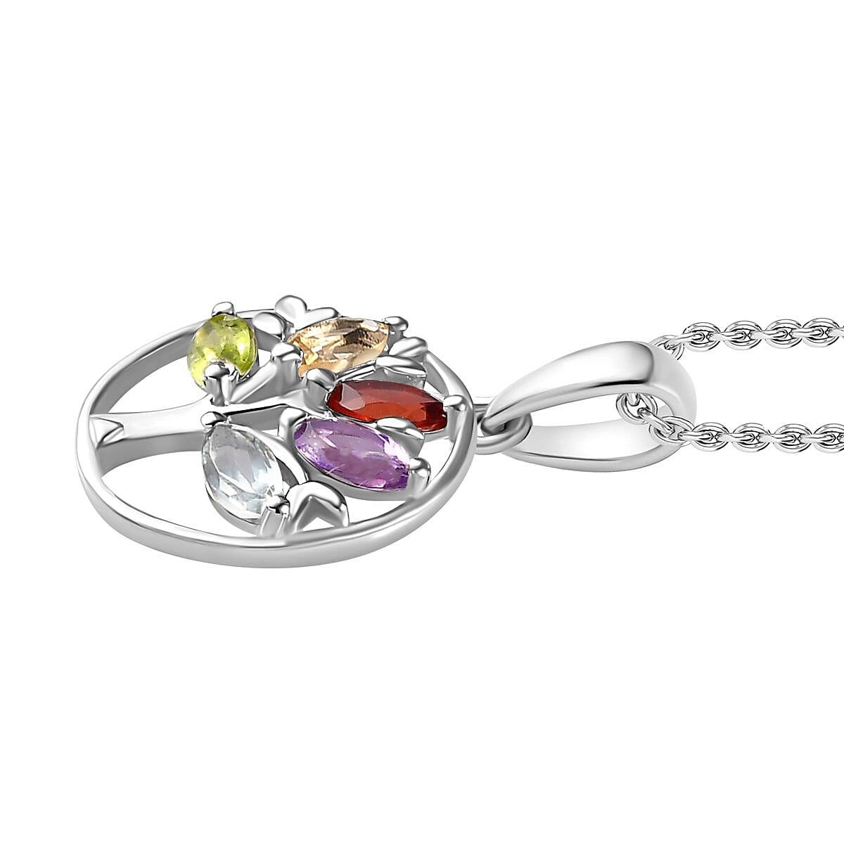 Multi Gemstone Tree of Life Platinum Overlay Sterling Silver Pendant with Stainless Steel Chain (Size 20) 4268247 4