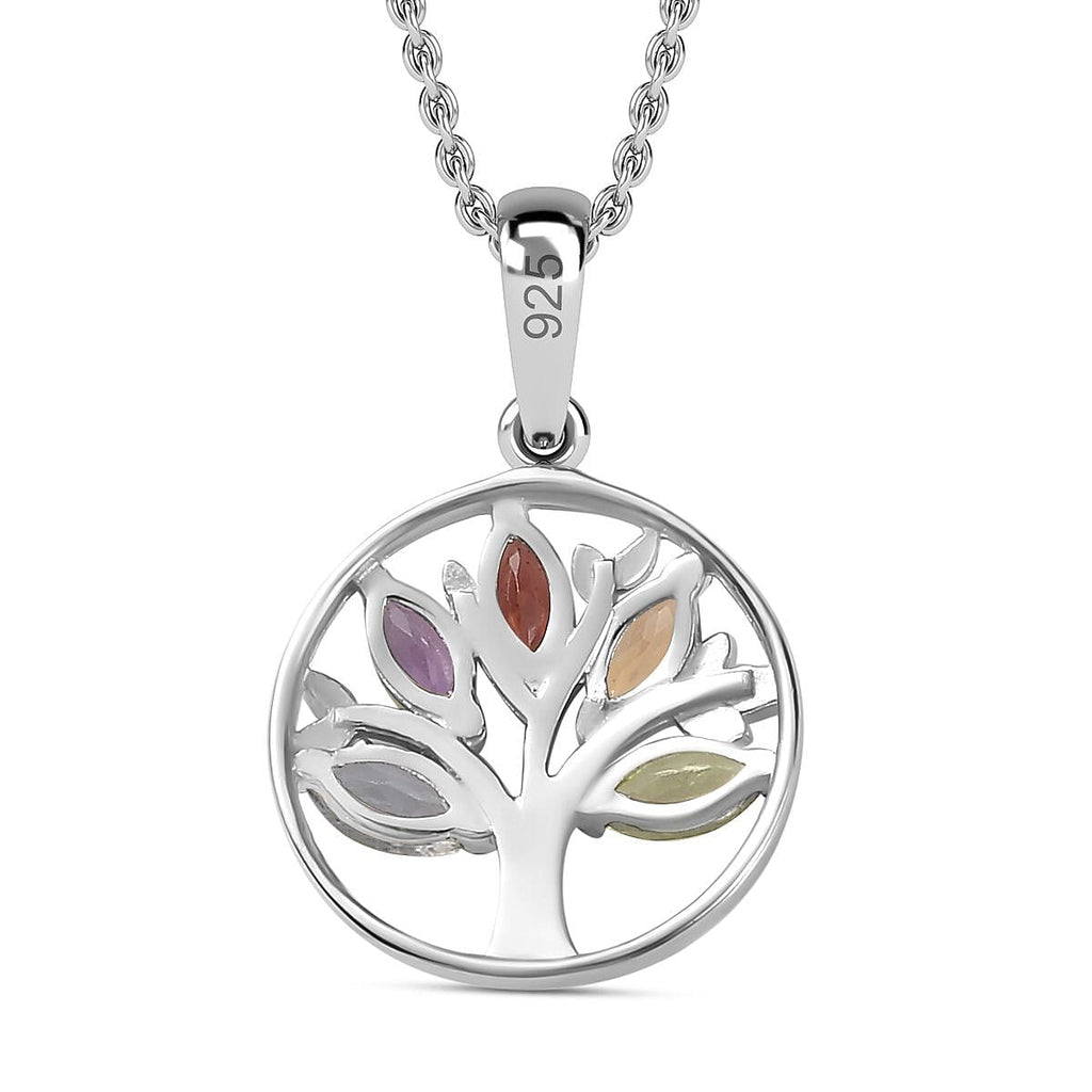 Multi Gemstone Tree of Life Platinum Overlay Sterling Silver Pendant with Stainless Steel Chain (Size 20)