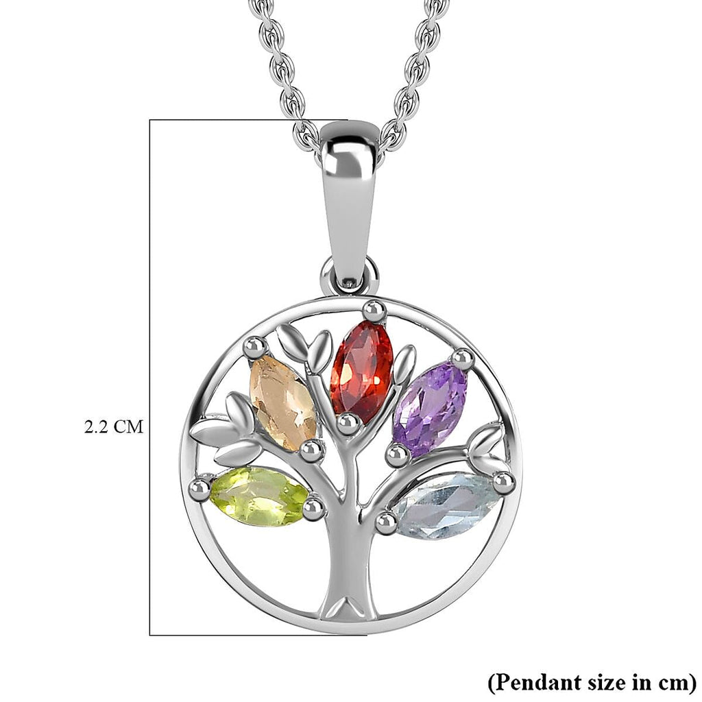 Multi Gemstone Tree of Life Platinum Overlay Sterling Silver Pendant with Stainless Steel Chain (Size 20)