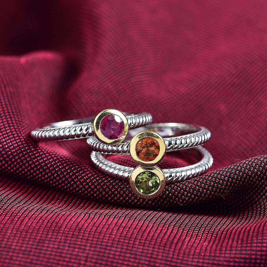 Peridot, Madeira Citrine & African Ruby Stackable Ring in Yellow Gold Plated & Platinum Overlay Sterling Silver, Silver Wt. 5.86 Gms.