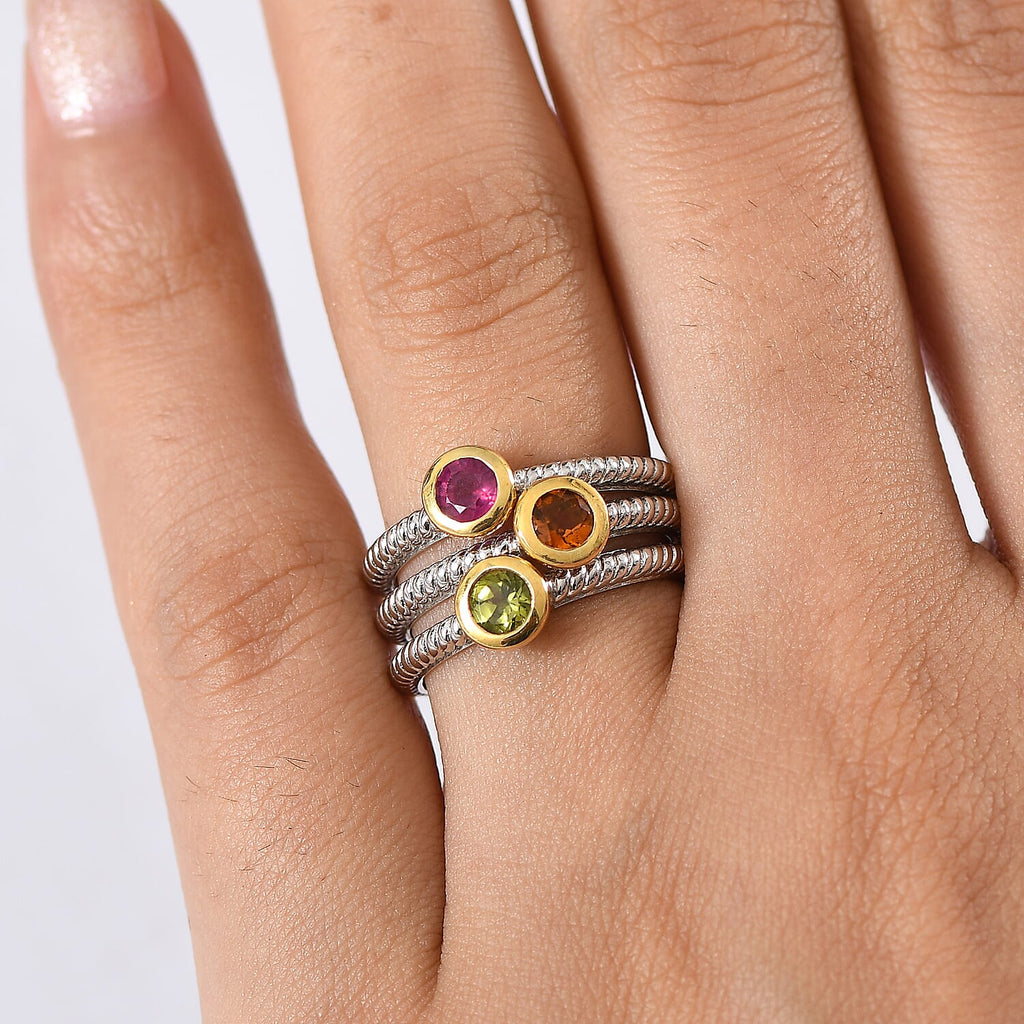 Peridot, Madeira Citrine & African Ruby Stackable Ring in Yellow Gold Plated & Platinum Overlay Sterling Silver, Silver Wt. 5.86 Gms.