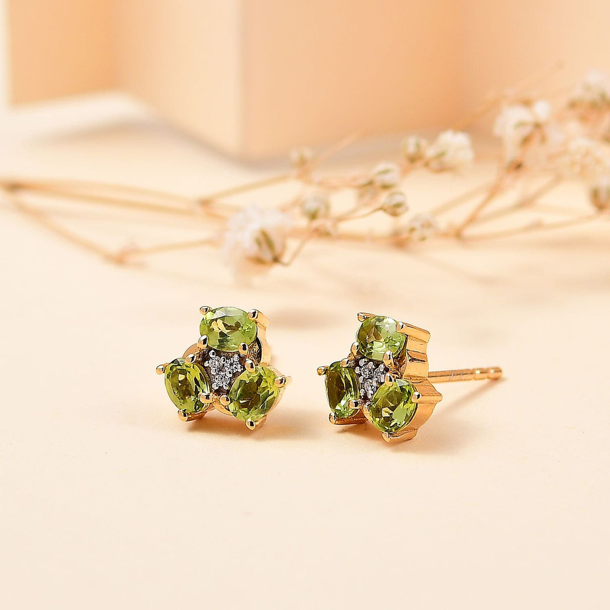 Peridot, Moissanite Cluster Earrings in 18K Yellow Gold Vermeil Plated Sterling Silver 1.23 ct. 7847537 2