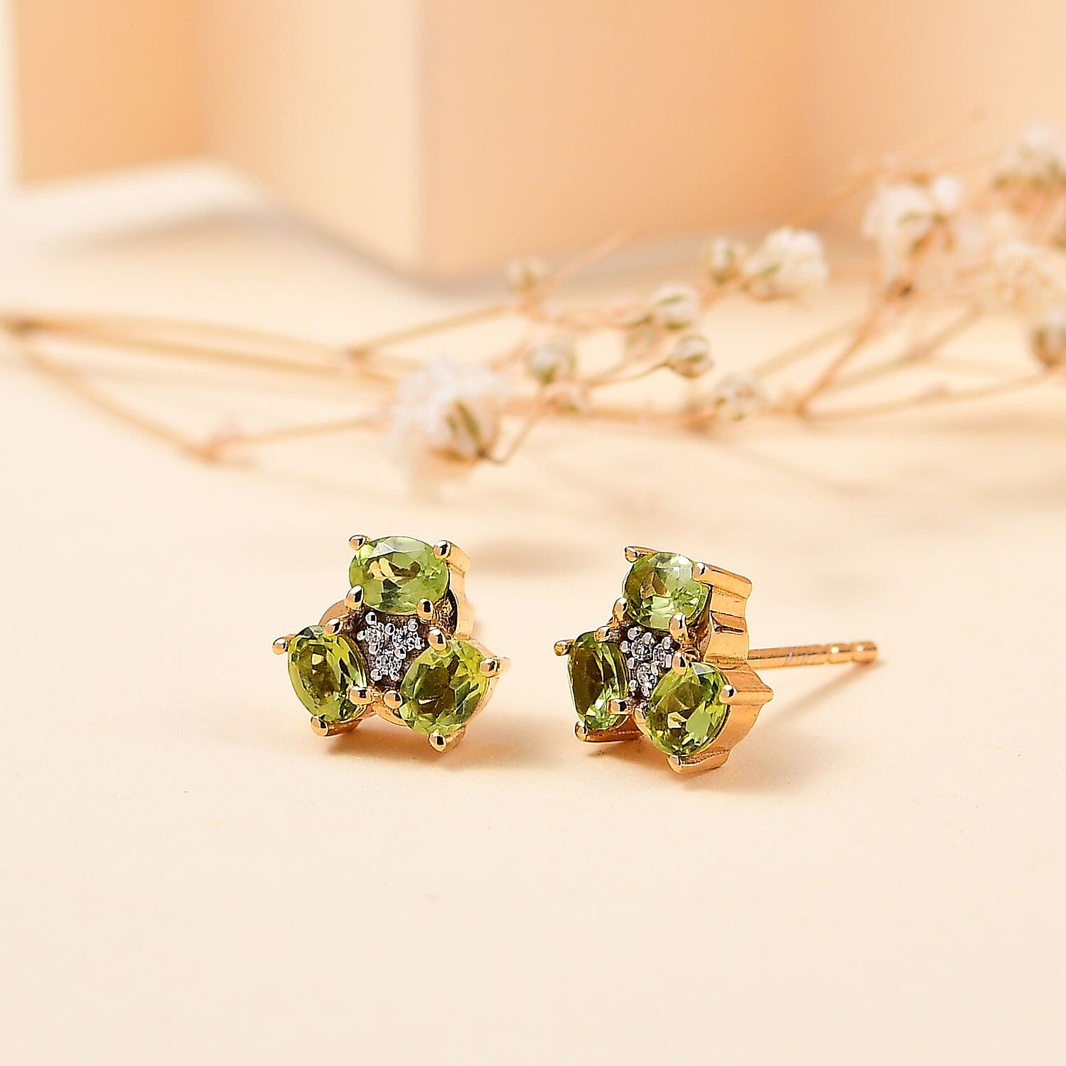 Peridot, Moissanite Cluster Earrings in 18K Yellow Gold Vermeil Plated Sterling Silver 1.23 ct. 7847537 2