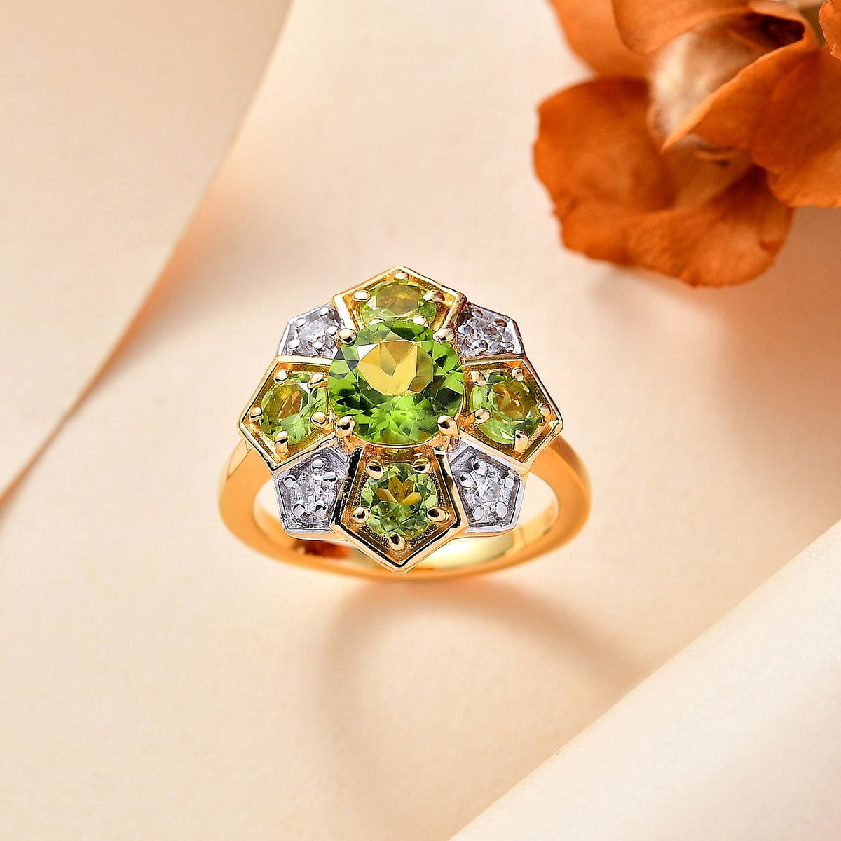 Peridot, Moissanite Cluster Ring in 18K Vermeil Yellow Gold Plated Sterling Silver 7845371 1