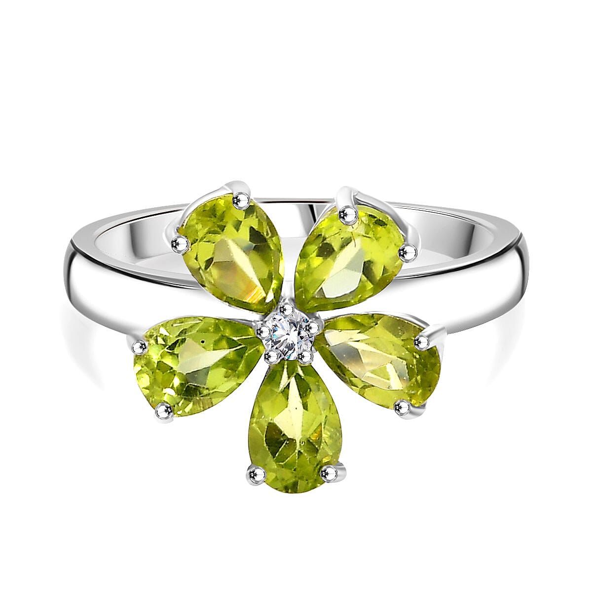Hebei Peridot &amp; Moissanite Floral Ring in Rhodium Overlay Sterling Silver 2.10 Ct 7848967 0