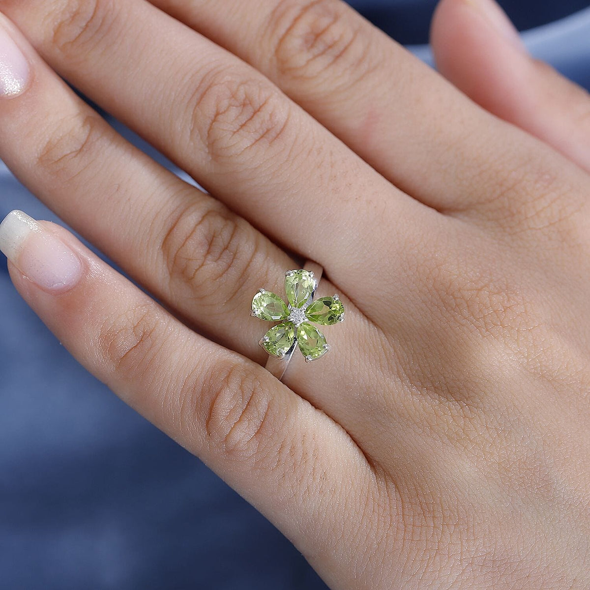 Hebei Peridot &amp; Moissanite Floral Ring in Rhodium Overlay Sterling Silver 2.10 Ct 7848967 2