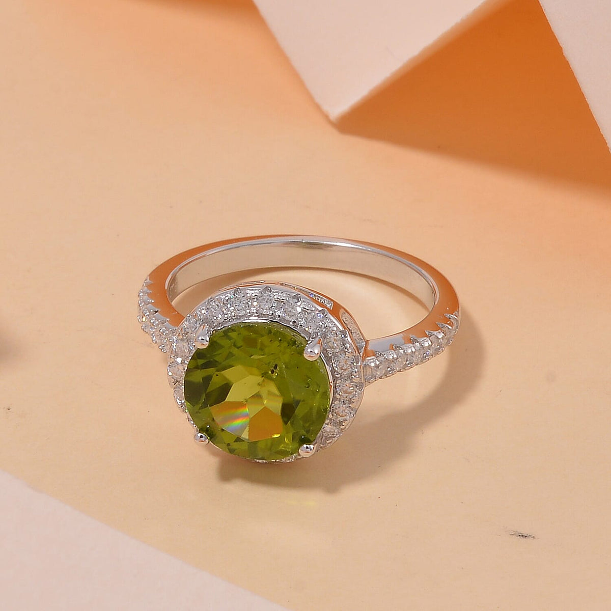 Hebei Peridot and Moissanite Halo Ring in Rhodium Overlay Sterling Silver 5.08 Ct. 7807831 1