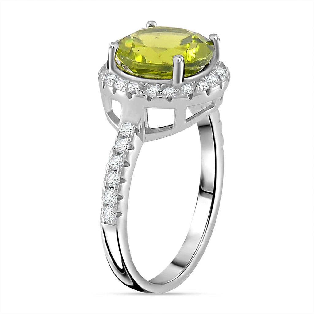 Hebei Peridot and Moissanite Halo Ring in Rhodium Overlay Sterling Silver 5.08 Ct.