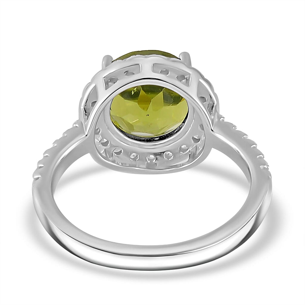 Hebei Peridot and Moissanite Halo Ring in Rhodium Overlay Sterling Silver 5.08 Ct.