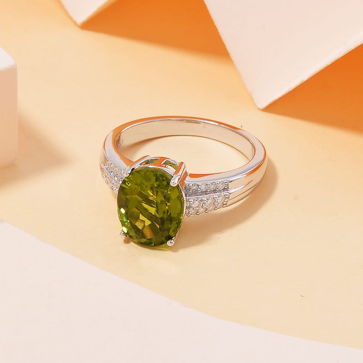 Natural Hebei Peridot &amp; Moissanite Ring in Rhodium Overlay Sterling Silver 3.72 Ct 7808019 1
