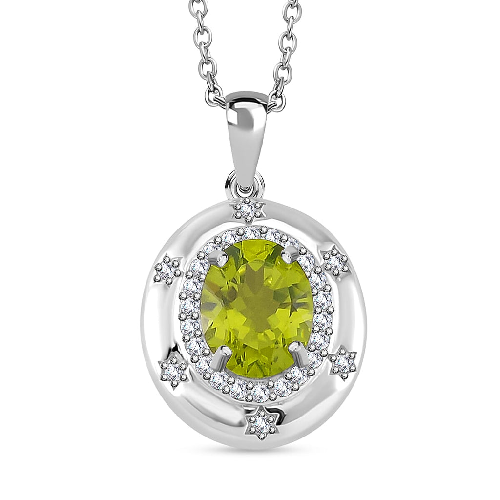 Natural Hebei Peridot and Moissanite Halo Pendant with Chain (Size 18) in Rhodium Overlay Sterling Silver 3.00 Ct