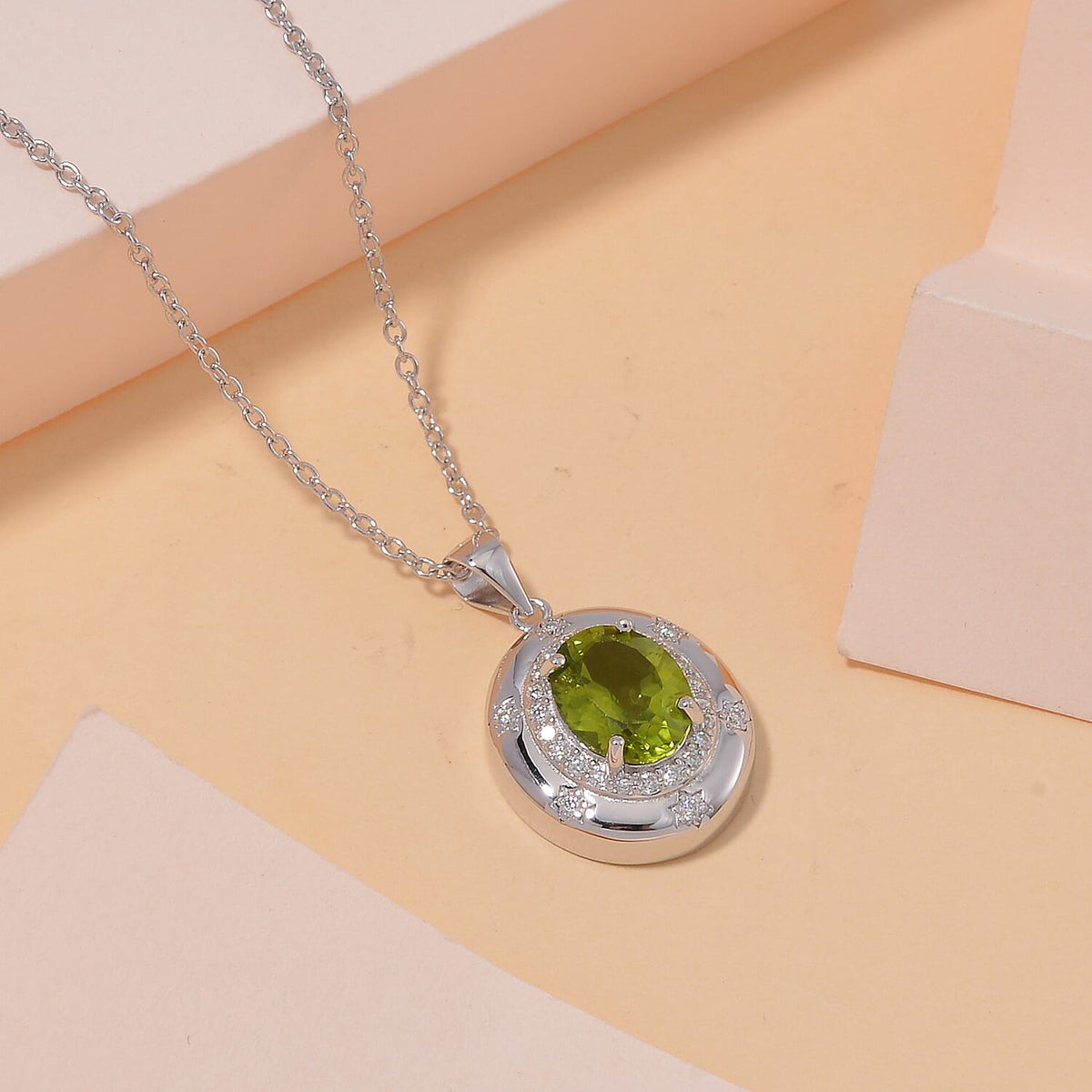 Natural Hebei Peridot and Moissanite Halo Pendant with Chain (Size 18) in Rhodium Overlay Sterling Silver 3.00 Ct 4283008 2