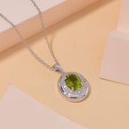 Natural Hebei Peridot and Moissanite Halo Pendant with Chain (Size 18) in Rhodium Overlay Sterling Silver 3.00 Ct