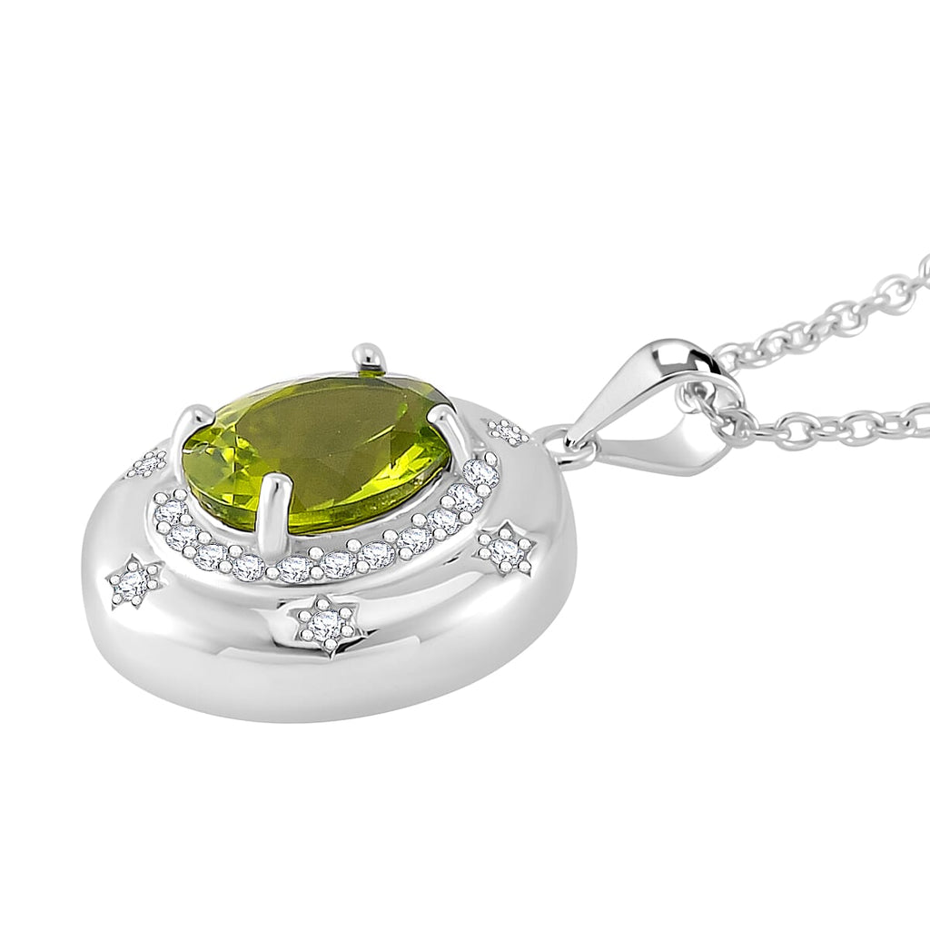 Natural Hebei Peridot and Moissanite Halo Pendant with Chain (Size 18) in Rhodium Overlay Sterling Silver 3.00 Ct