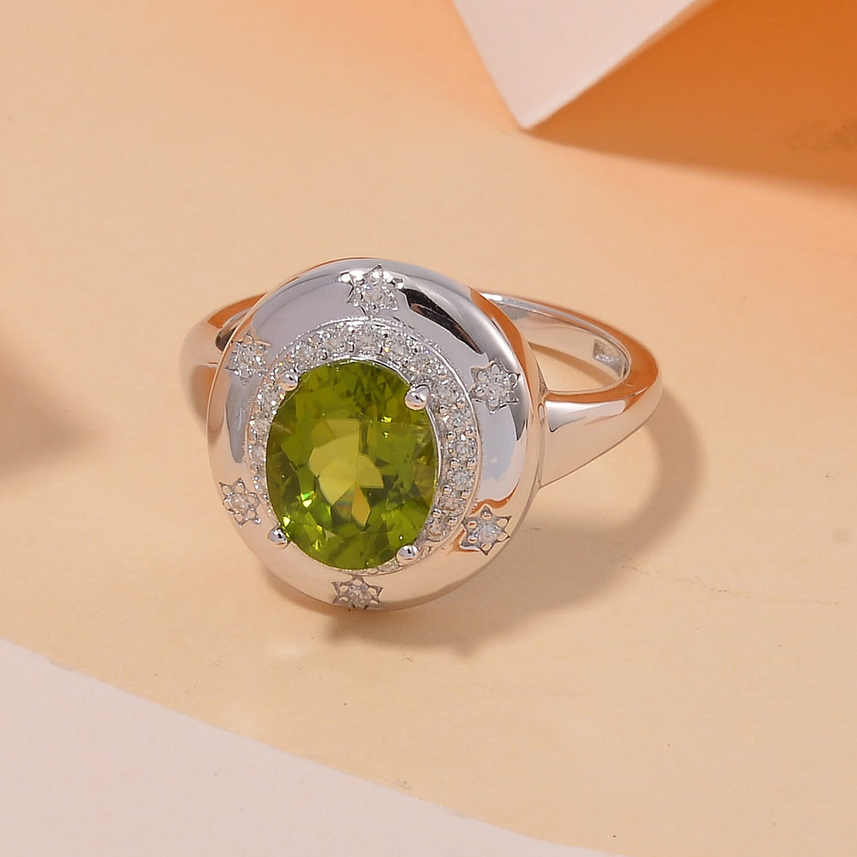Natural Premium Hebei Peridot and Moissanite Halo Ring in Rhodium Overlay Sterling Silver 2.98 ct 7807746 1