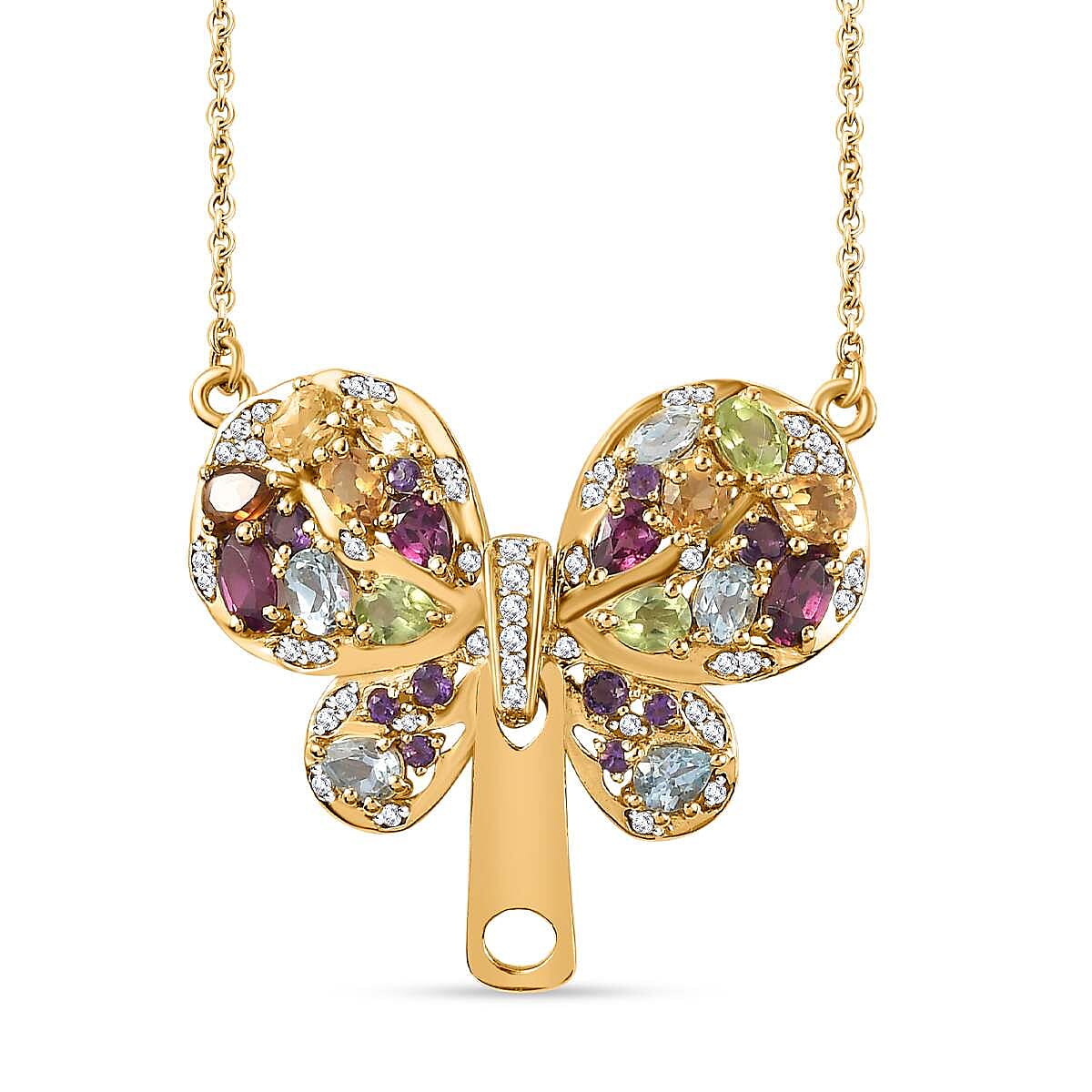 GP Italian Garden Collection - Hebei Peridot and Multi Gemstone Butterfly Necklace (Size - 20) in 18K Vermeil Yellow Gold Plated Sterling Silver 4.00 Ct, Silver Wt. 7.90 Gms 7771564 0