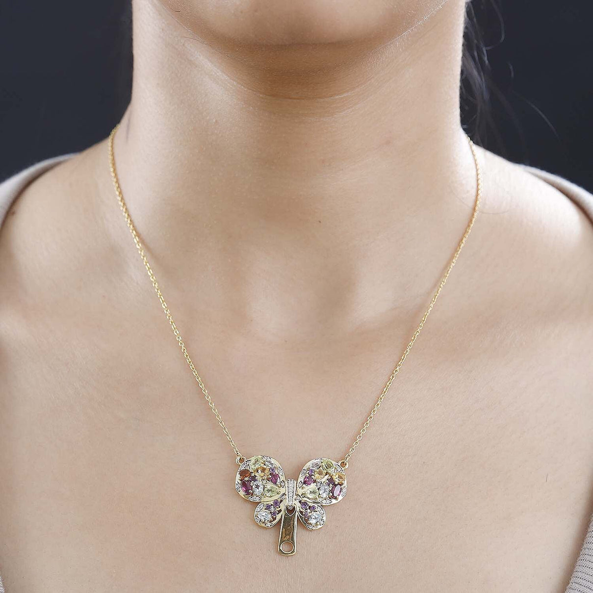 GP Italian Garden Collection - Hebei Peridot and Multi Gemstone Butterfly Necklace (Size - 20) in 18K Vermeil Yellow Gold Plated Sterling Silver 4.00 Ct, Silver Wt. 7.90 Gms 7771564 2