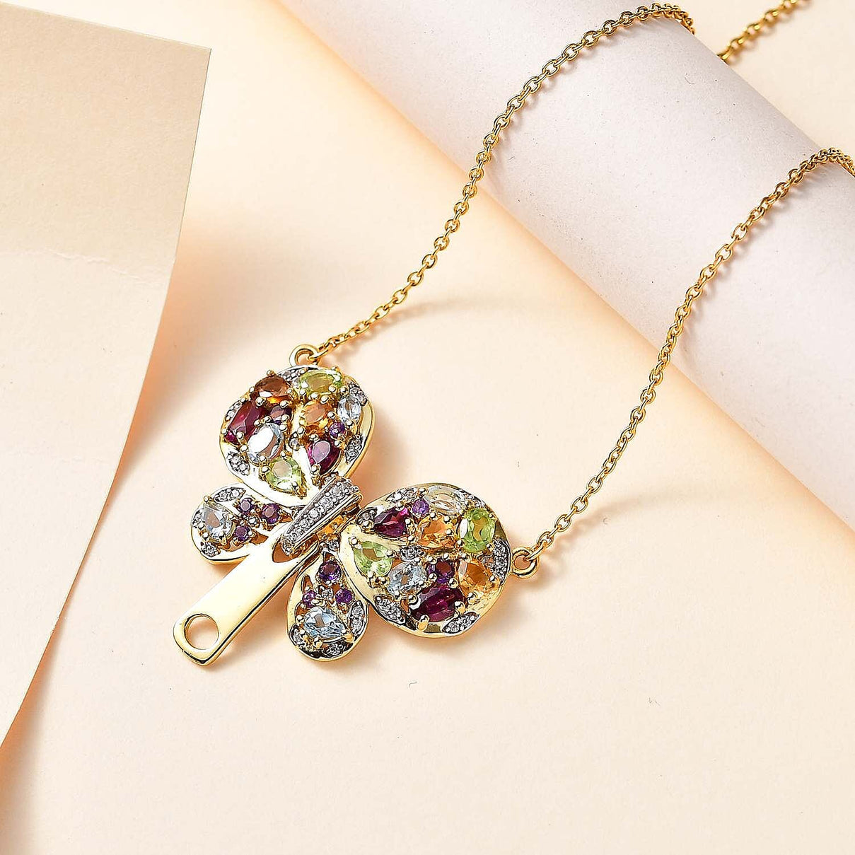 GP Italian Garden Collection - Hebei Peridot and Multi Gemstone Butterfly Necklace (Size - 20) in 18K Vermeil Yellow Gold Plated Sterling Silver 4.00 Ct, Silver Wt. 7.90 Gms 7771564 3