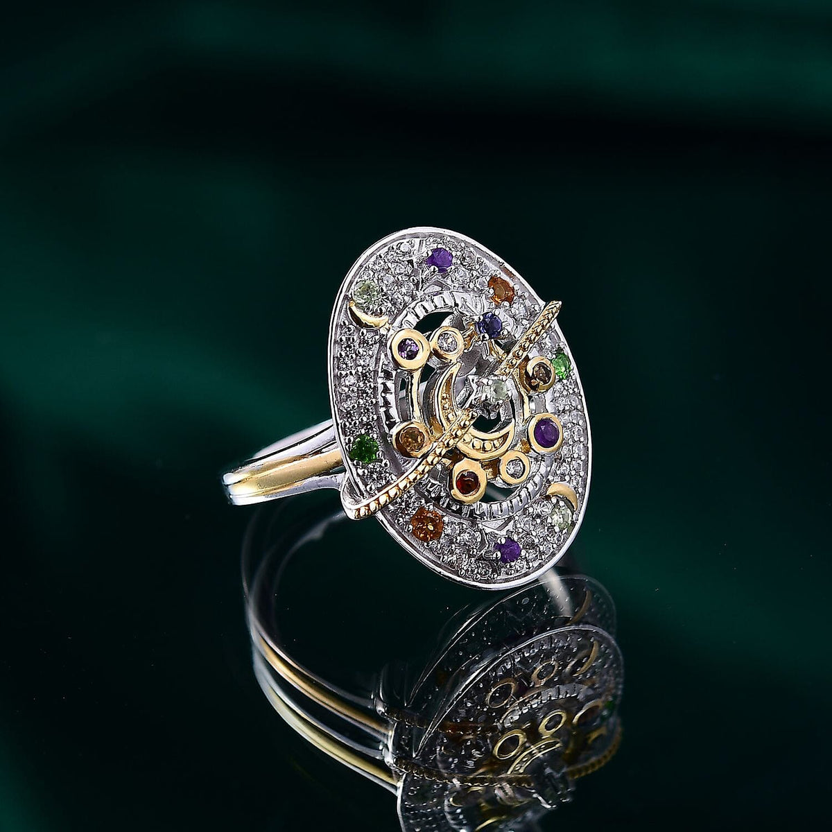 GP Celestial Collection - Peridot &amp; Multi Gemstone Ring in 18K Vermeil Yellow Gold Plated &amp; Rhodium Overlay Sterling Silver 8039747 1