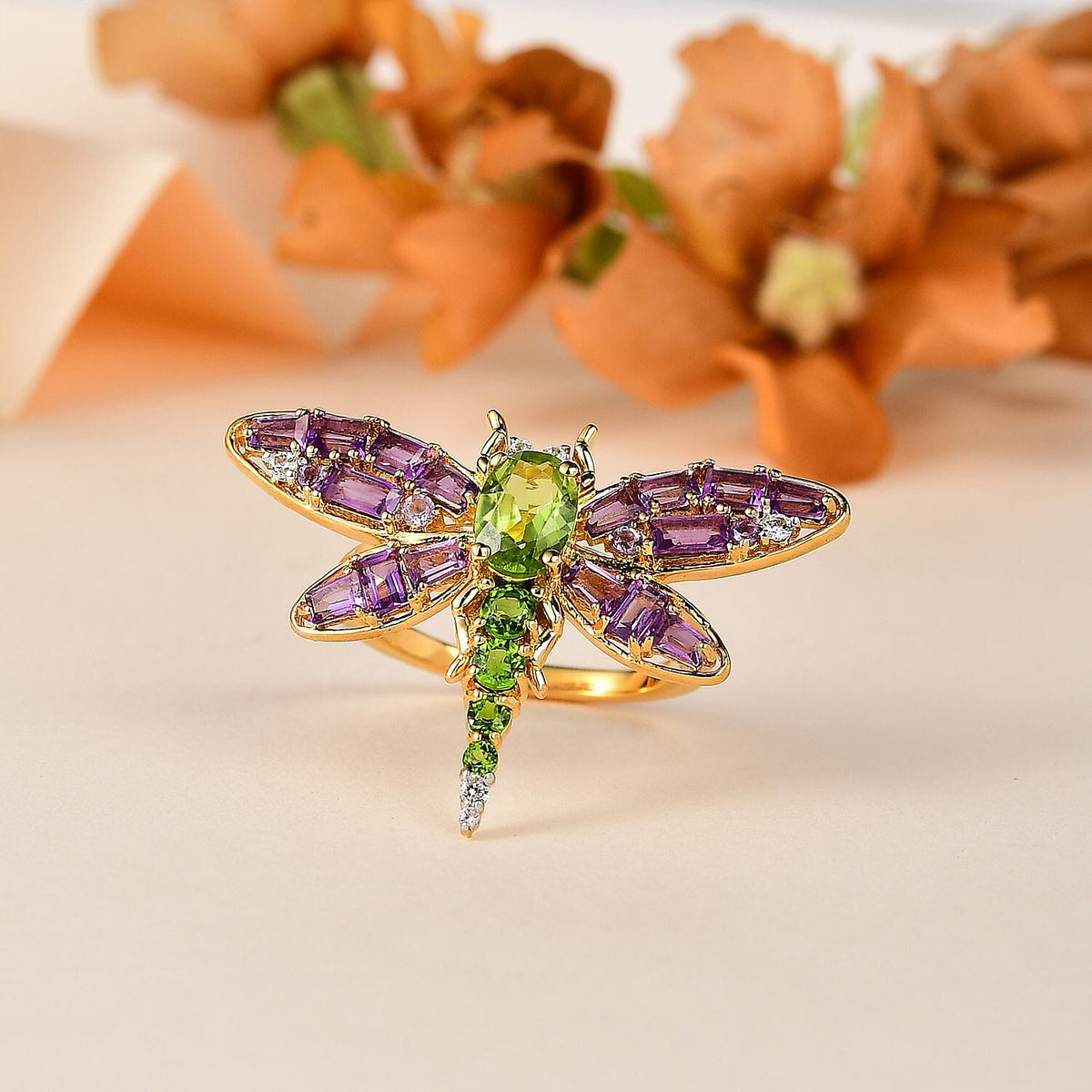 GP Italian Garden Collection - Hebei Peridot &amp; Multi Gemstone Dragonfly Ring in 18K Vermeil Yellow Gold Plated Sterling Silver 2.64 Ct 7731211 1