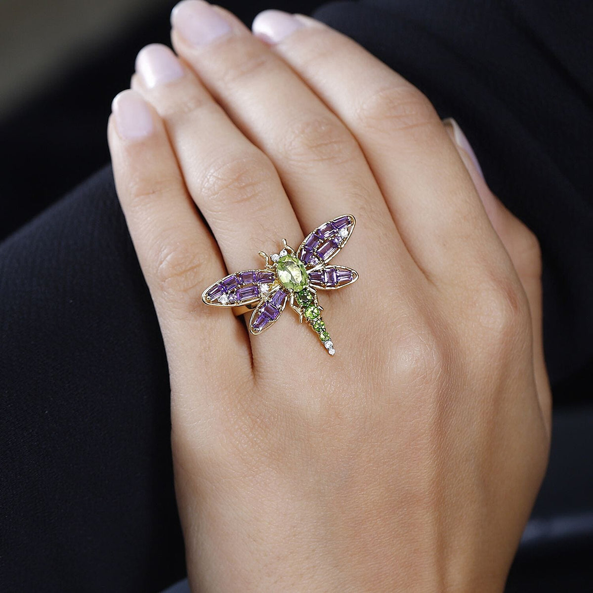 GP Italian Garden Collection - Hebei Peridot &amp; Multi Gemstone Dragonfly Ring in 18K Vermeil Yellow Gold Plated Sterling Silver 2.64 Ct 7731211 2