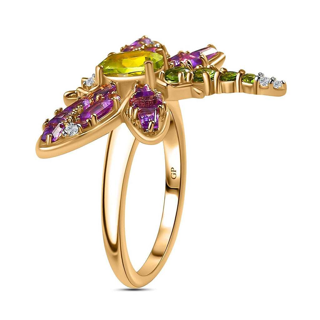 GP Italian Garden Collection - Hebei Peridot & Multi Gemstone Dragonfly Ring in 18K Vermeil Yellow Gold Plated Sterling Silver 2.64 Ct