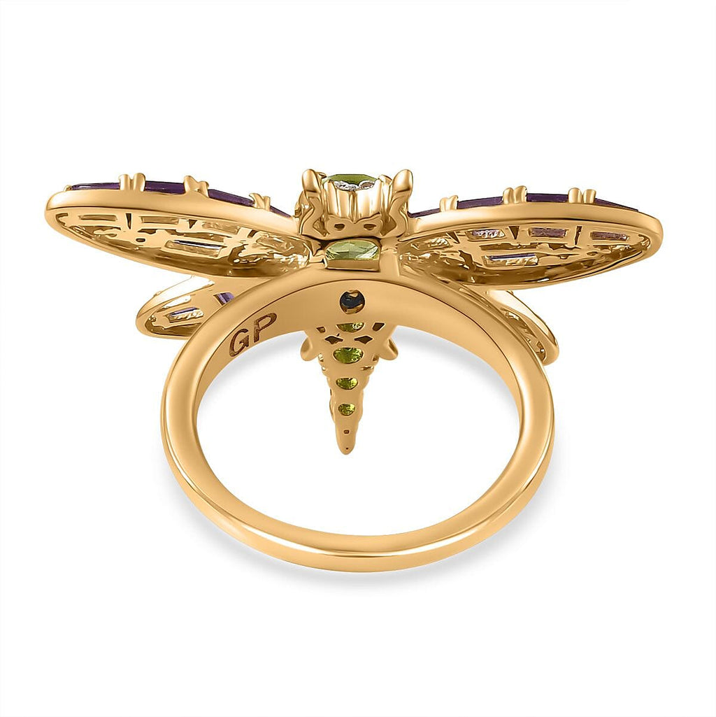GP Italian Garden Collection - Hebei Peridot & Multi Gemstone Dragonfly Ring in 18K Vermeil Yellow Gold Plated Sterling Silver 2.64 Ct