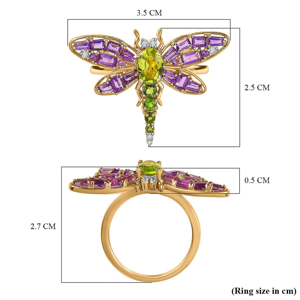 GP Italian Garden Collection - Hebei Peridot & Multi Gemstone Dragonfly Ring in 18K Vermeil Yellow Gold Plated Sterling Silver 2.64 Ct