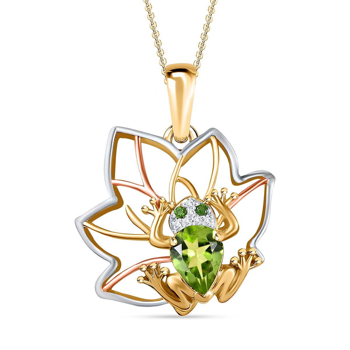 GP Italian Garden Collection - Hebei Peridot, Natural Chrome Diopside &amp; Natural Zircon Pendant with Chain (Size 20) in Platinum, 18K Vermeil RG &amp; YG Plated Sterling Silver 1.38 Ct, Silver Wt. 6.26 Gms 4255576 0