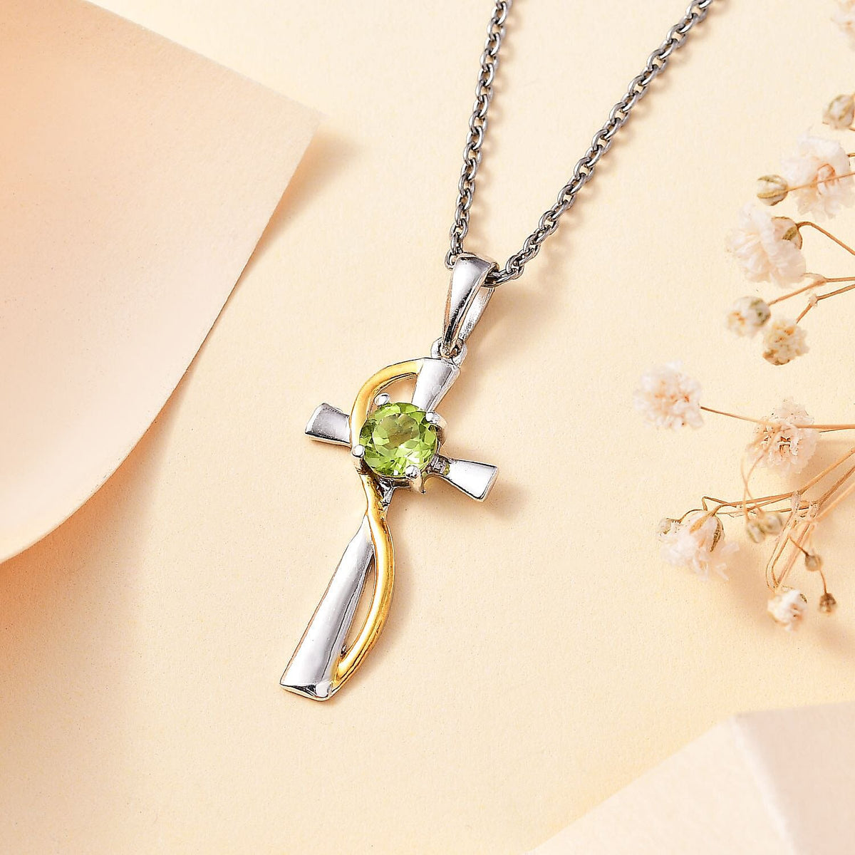 Natural Hebei Peridot Pendant with Stainless Steel Chain (Size 20) in Yellow Gold and Platinum Overlay Sterling Silver 4283026 3