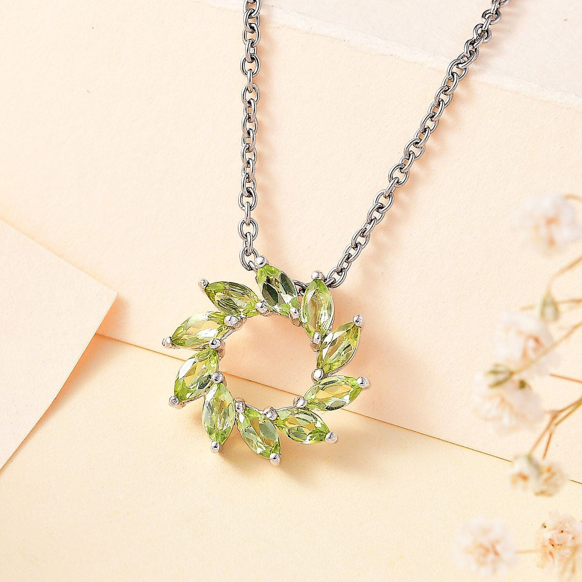 Peridot Floral Pendant with Stainless Steel Chain (Size 20) in Platinum Overlay Sterling Silver 2.000  Ct. 4284109 3