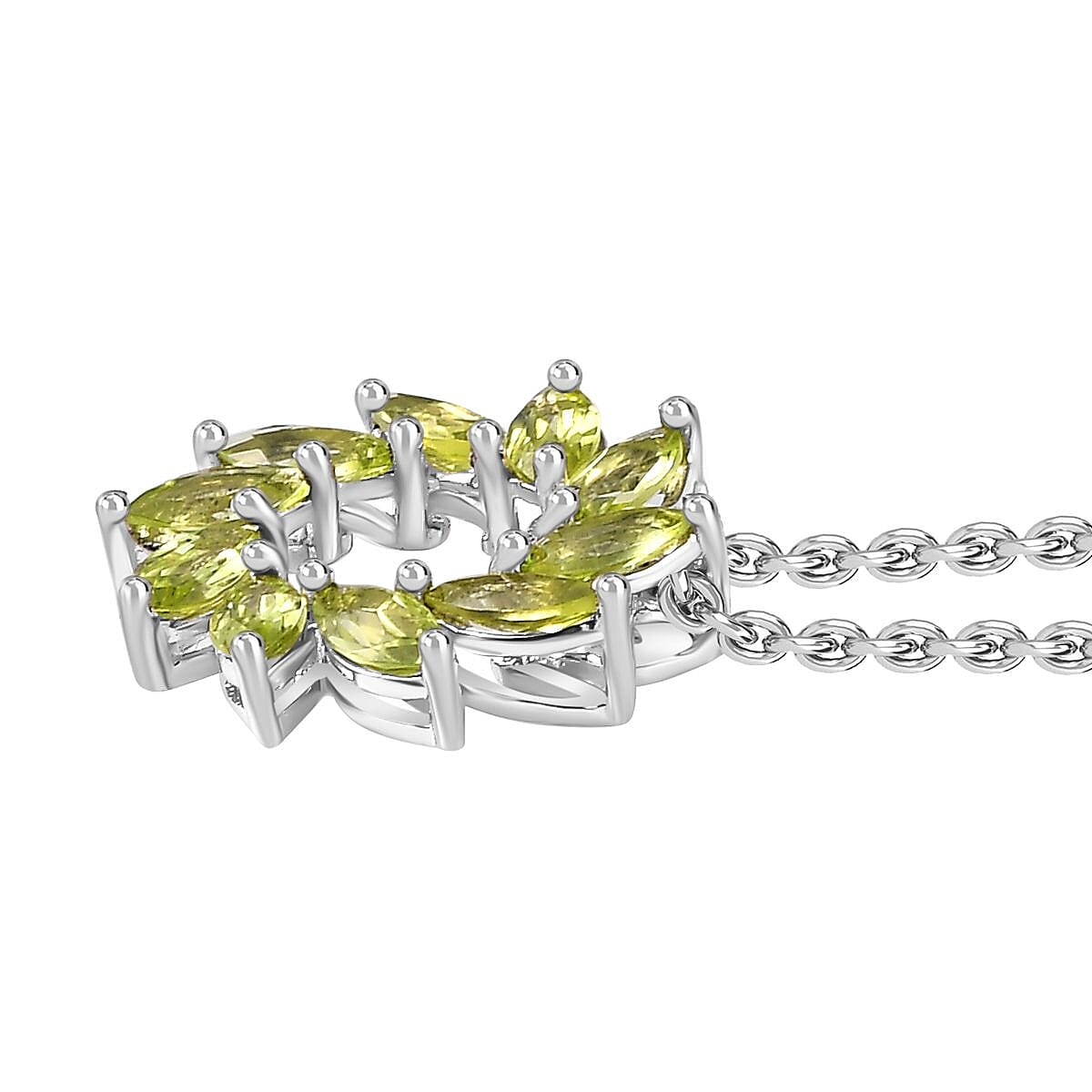 Peridot Floral Pendant with Stainless Steel Chain (Size 20) in Platinum Overlay Sterling Silver 2.000  Ct. 4284109 4