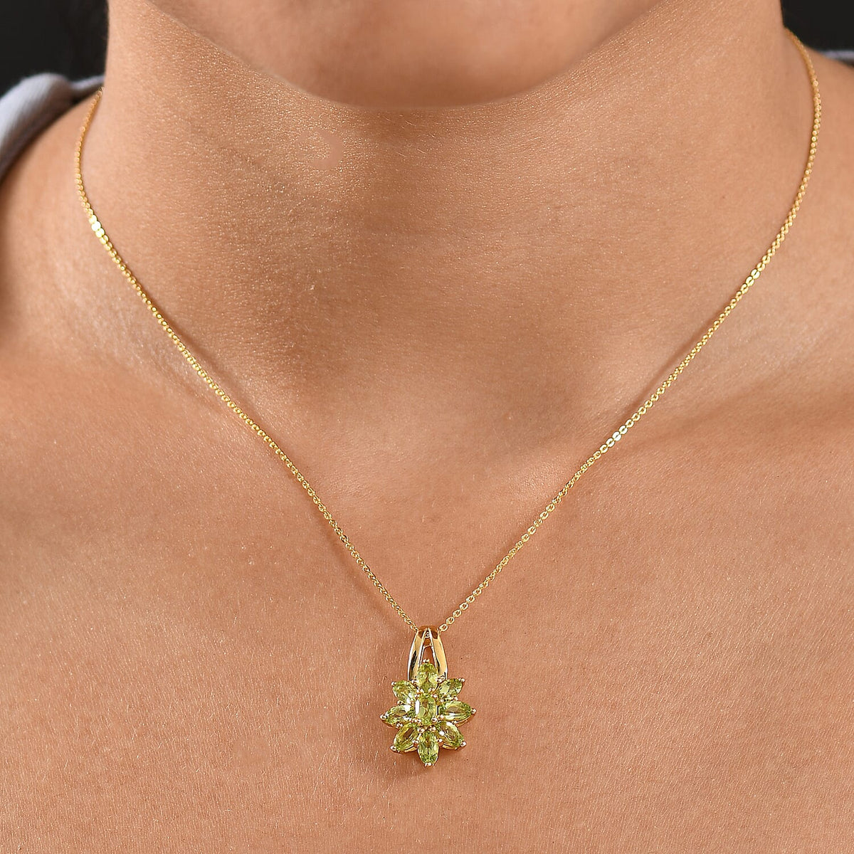 D'joy Natural Hebei Peridot Bloom Pendant with Chain (Size 20) in 18K Vermeil Yellow Gold Plating Sterling Silver 2.07 Ct. 4411357 2