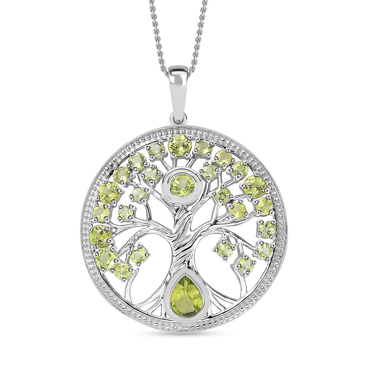 Natural Hebei Peridot Tree of Life Pendant with Chain (Size 20) in Rhodium Overlay Sterling Silver 4295194 0