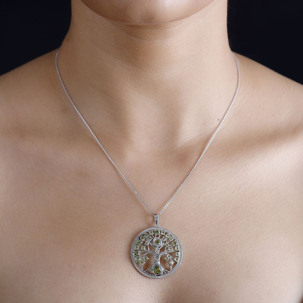 Natural Hebei Peridot Tree of Life Pendant with Chain (Size 20) in Rhodium Overlay Sterling Silver 4295194 2