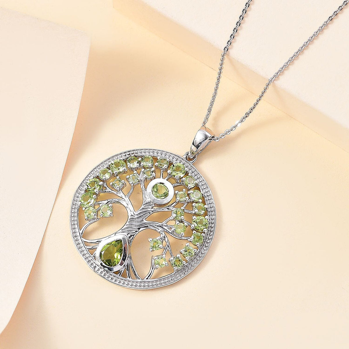 Natural Hebei Peridot Tree of Life Pendant with Chain (Size 20) in Rhodium Overlay Sterling Silver 4295194 3