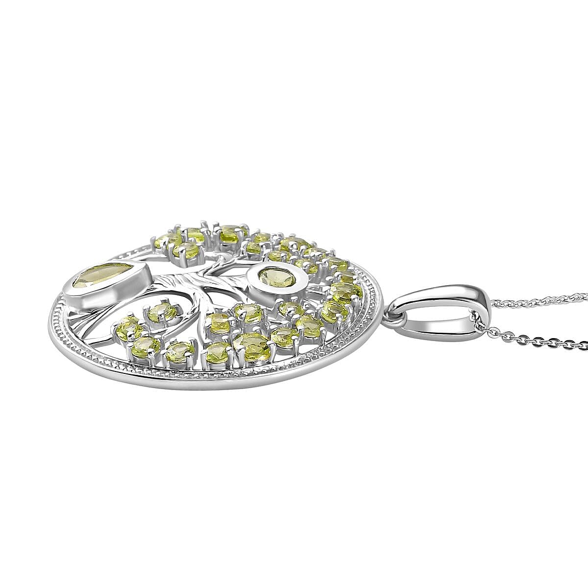 Natural Hebei Peridot Tree of Life Pendant with Chain (Size 20) in Rhodium Overlay Sterling Silver 4295194 4