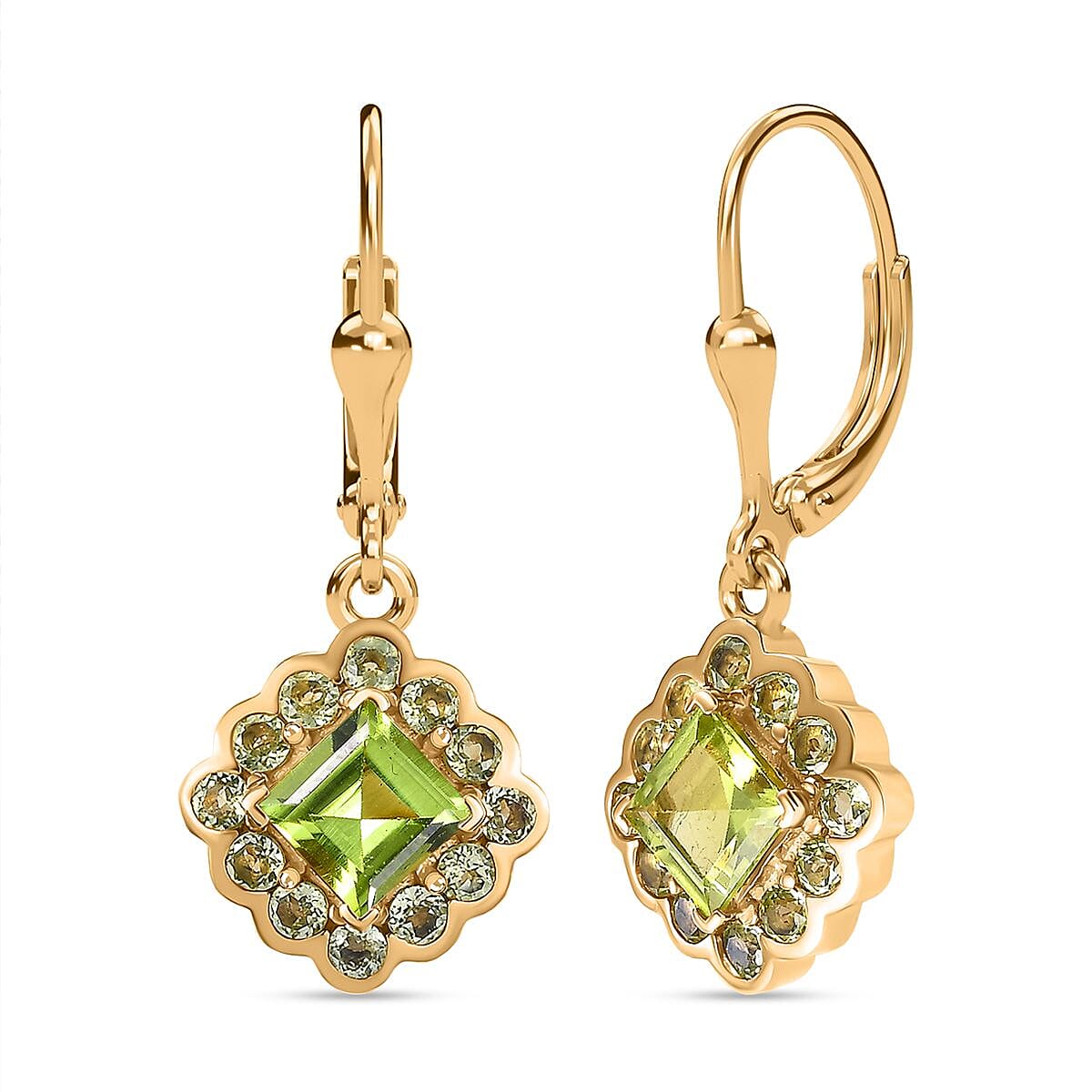 Natural Hebei Peridot Halo Lever Back Earrings in 18K Yellow Gold Vermeil Plated Sterling Silver 2.60 ct. 7847503 0